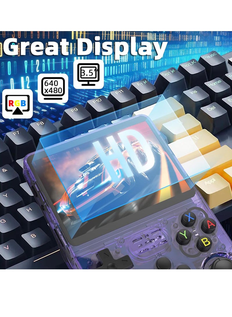 بينو جهاز ألعاب فيديو محمول R36S بتصميم كلاسيكي، شاشة عالية الدقة 3.5 بوصة، ذراعي تحكم ثلاثية الأبعاد، 11 محاكيًا، 64 جيجابايت، 15000 لعبة، لون بنفسجي. - Image 3