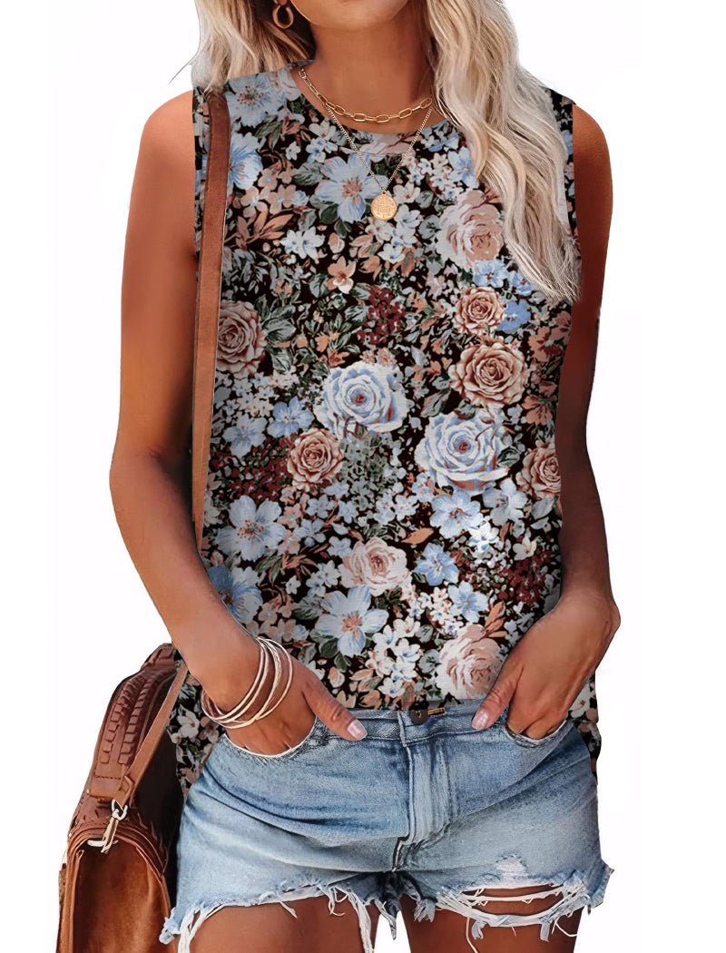 Sampeel Summer Tops for Women 2026 Vacation Outfits Sleeveless Shirts Workout Tank Tops Woman Black Floral Fierce XL - Image 2