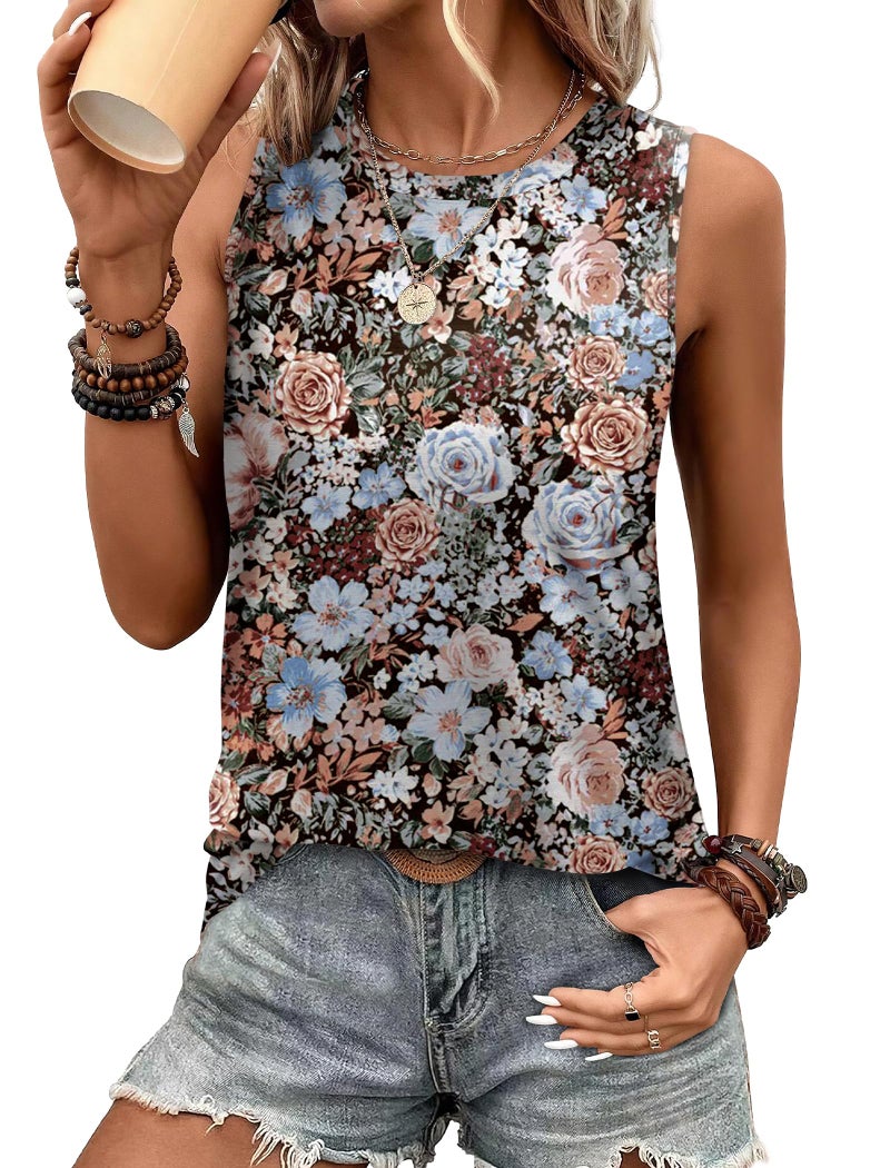 Sampeel Summer Tops for Women 2026 Vacation Outfits Sleeveless Shirts Workout Tank Tops Woman Black Floral Fierce XL - Image 1
