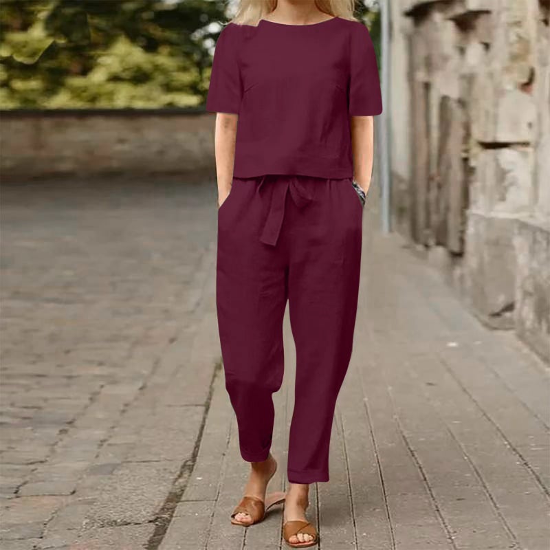 Cotton Linen Summer Two-Piece Set Burgundy is popular for large quantities 