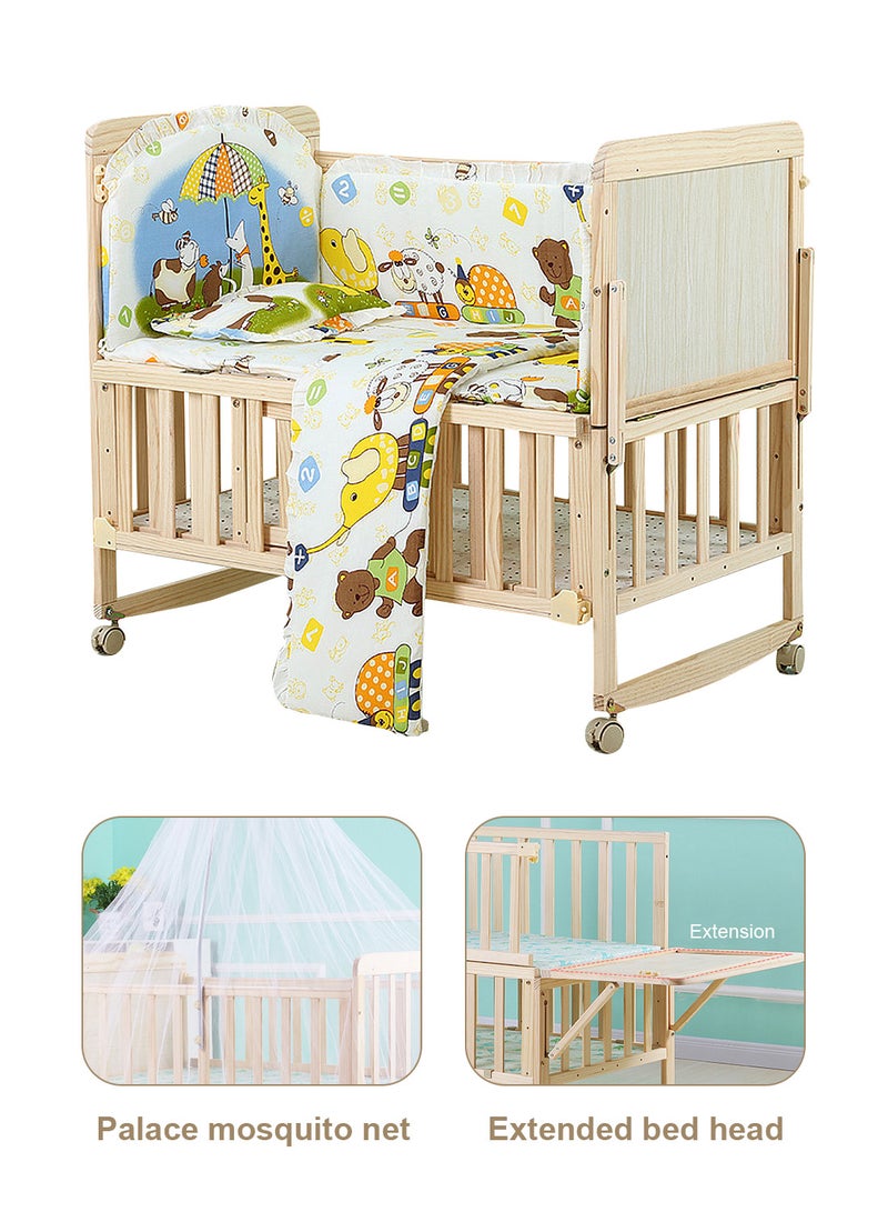 MaBaby 6-in-1 Convertible Wooden Baby Crib with Mattress - Adjustable Height, Portable Multi-Functional Nursery Bed with Wheels, Extended Length (102 to 140cm), Storage & Desk Mode - Includes Mosquito Net & 5-Piece Bedding Set - Image 3