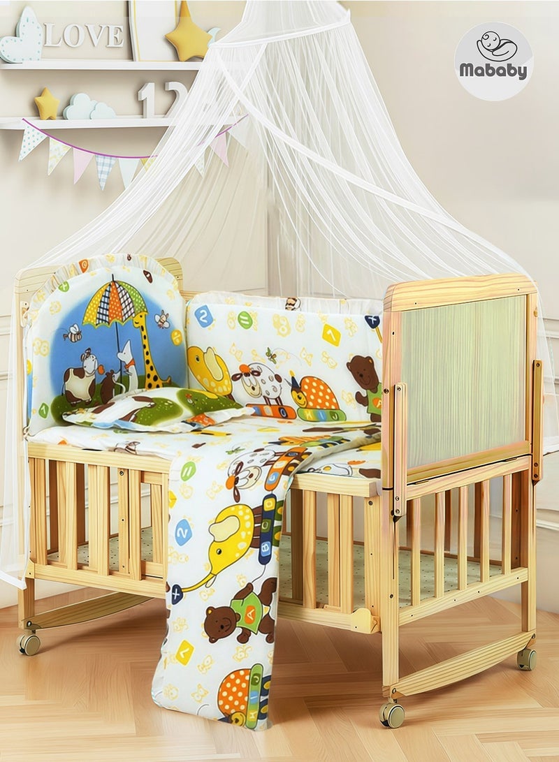 MaBaby 6-in-1 Convertible Wooden Baby Crib with Mattress - Adjustable Height, Portable Multi-Functional Nursery Bed with Wheels, Extended Length (102 to 140cm), Storage & Desk Mode - Includes Mosquito Net & 5-Piece Bedding Set - Image 1