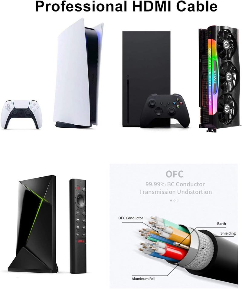 Ubluker كابل HDMI 2.1 بدقة 10K/8K/4K، طوله 10 أقدام، معتمد بسرعة نقل بيانات تصل إلى 48 جيجابت في الثانية وزمن استجابة قدره 1 ميللي ثانية؛ يدعم تقنيات 4K بمعدل 120 هرتز أو 144 هرتز، ودقة 10K/8K بمعدل 60 هرتز، وتنسيق الصورة 4:4:4، وتقنية البتات الـ 12 بت (eARC/ARC/DTS:X/Dolby Atmos/HDR10)، متوافق مع أجهزة سامسونج وسوني وإل جي وماك وبلايستيشن 5 وإكس بوكس. - Image 4