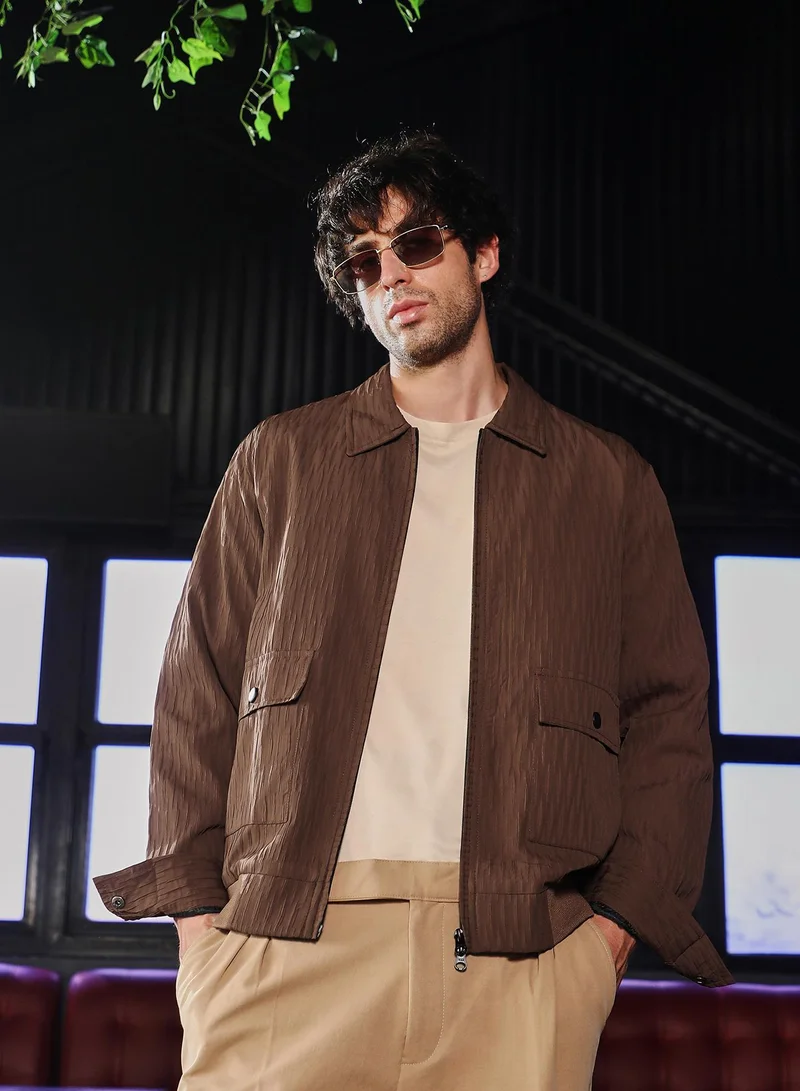 Campus Sutra Men Zip-Front Crease-Tactile Jacket | Point Collar, Long Button Cuff Sleeves | Zipper , Ribbed-Straight Hem | Solid Textured | Woven Fabric For Casual & Daily Wear | Chocolate Brown