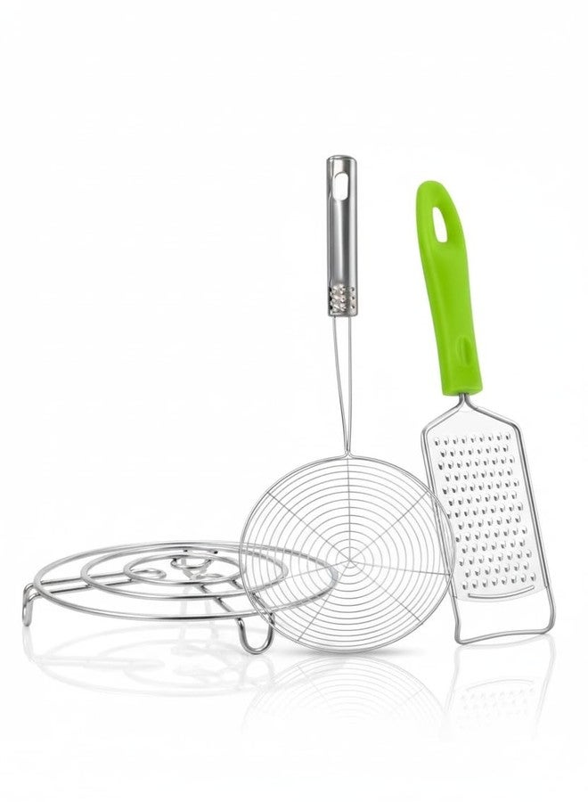 Red Champion 3-in-1 Heavy-Duty Stainless Steel Kitchen Utility Set – Pot Stand (Trivet) + Deep Fry Oil Strainer Spoon + Vegetable Grater - Image 1