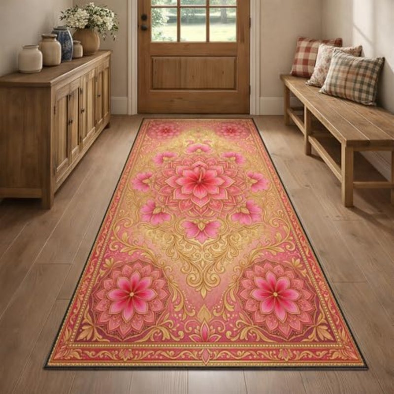 Floral Runner Rug for Entryway, Luury Damask Floral Carpet Runner, Vintage Baroque Long Rug, Low Pile, Machine Washable Non-Slip Floor Mat - Image 3