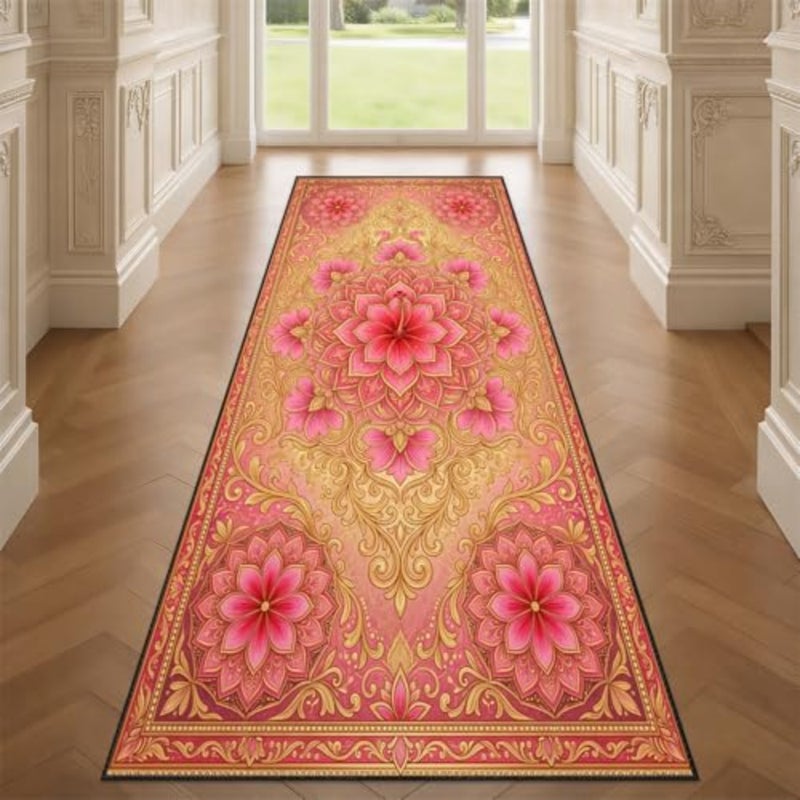 Floral Runner Rug for Entryway, Luury Damask Floral Carpet Runner, Vintage Baroque Long Rug, Low Pile, Machine Washable Non-Slip Floor Mat - Image 1