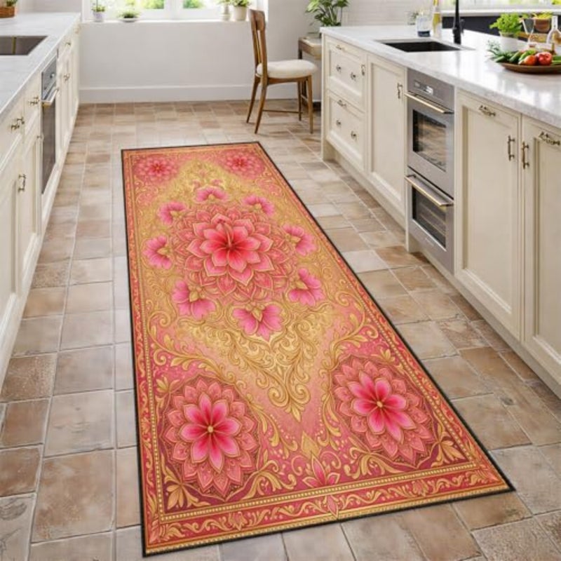 Floral Runner Rug for Entryway, Luury Damask Floral Carpet Runner, Vintage Baroque Long Rug, Low Pile, Machine Washable Non-Slip Floor Mat - Image 2