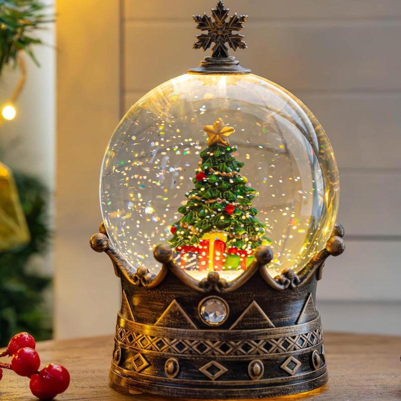 Christmas Snow Globe Lantern Water Glittering Christmas Tree Crown with Music USB LinedBattery Operated Lighted Lantern for Christmas Festival Decoration Gifts