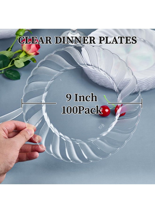 FOCUSLINE FOCUSLINE 100 Count Clear Plastic Plates 9 Inch, Disposable Heavy Duty Dinner Plates- Premium Hard Plastic Plate Fancy Disposable Clear Plates for Weddings, Parties and Events  - Image 3