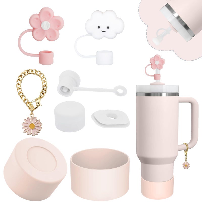 vikgle Stanley Cup Accessories Set,Including 2 Pcs 0.4in Straw Cover, 1 Silicone Spill-Proof Stopper Set of 3, 1 Cute Butterfly Handle Charm, 1 Silicone Boot Fits Stanley 40&30 Oz Tumbler (Rose Quartz) - Image 1