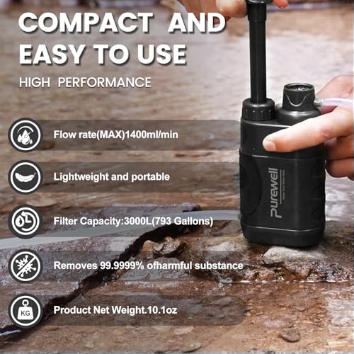 Purewell Water Hand Purifier Pump with Replaceable Carbon 0.01 Micron Water Filter, 4 Filter Stages, Portable Outdoor Emergency and Survival Gear - Camping, Hiking, Backpacking(Black) - Image 5