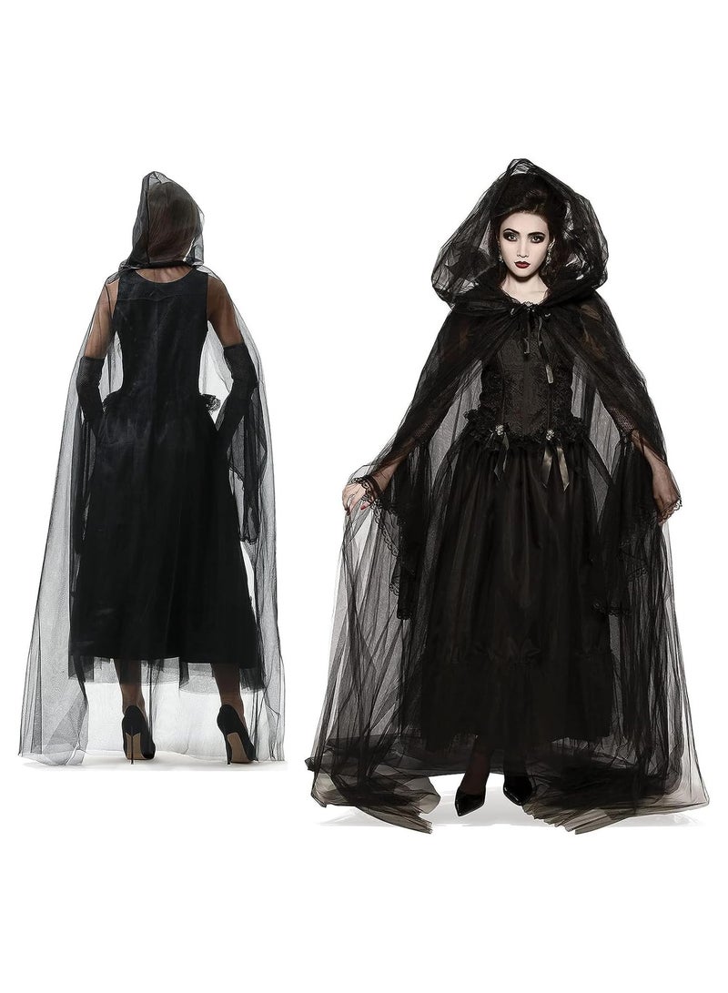 جورونب عباءة سوداء بغطاء رأس للنساء في الهالوين، زي عروس شبح من التول، حجاب أسود طويل، زي عباءة للبالغين في العطلات، زي ساحرة تنكرية، فستان أسود (ب) - Image 1