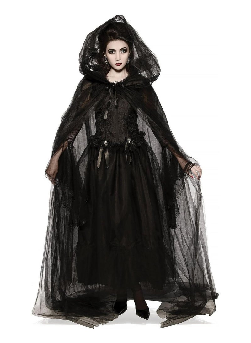 جورونب عباءة سوداء بغطاء رأس للنساء في الهالوين، زي عروس شبح من التول، حجاب أسود طويل، زي عباءة للبالغين في العطلات، زي ساحرة تنكرية، فستان أسود (ب) - Image 2
