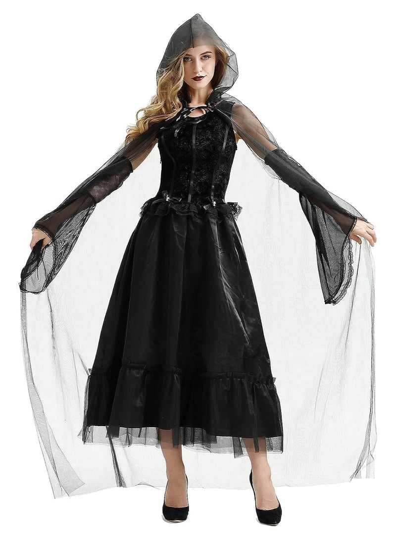 جورونب عباءة سوداء بغطاء رأس للنساء في الهالوين، زي عروس شبح من التول، حجاب أسود طويل، زي عباءة للبالغين في العطلات، زي ساحرة تنكرية، فستان أسود (ب) - Image 3