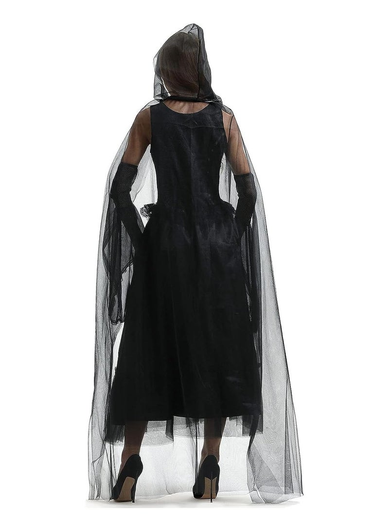 جورونب عباءة سوداء بغطاء رأس للنساء في الهالوين، زي عروس شبح من التول، حجاب أسود طويل، زي عباءة للبالغين في العطلات، زي ساحرة تنكرية، فستان أسود (ب) - Image 4