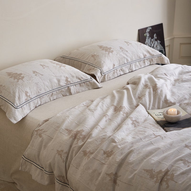 Cool Cotton-Linen Yarn-Dyed Jacquard Bed Sheet Set - Midsummer Leaf, Farmhouse Style - Image 2