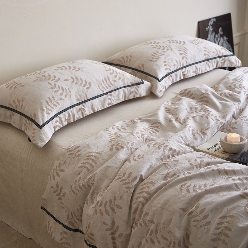 Cool Cotton-Linen Yarn-Dyed Jacquard Bed Sheet Set - Midsummer Leaf, Farmhouse Style - Image 1