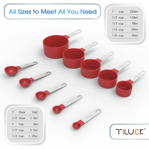 TILUCK Measuring Cups & Spoons Set, Stackable Cups and Spoons, Nesting Measure Cups with Stainless Steel Handle, Kitchen Gadgets for Cooking & Baking (Red) - Image 3