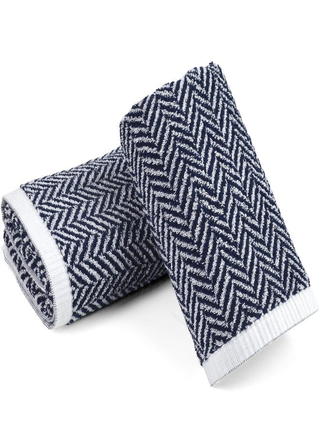 Cleanbear Hand Towels for Bathroom with Decorative Herringbone Stripes, 100% Cotton, 13 x 28 Inches, Navy-Blue and White, 2 Pack - Image 1