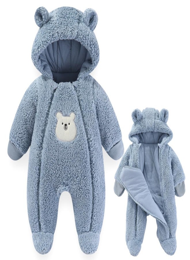 Fairy Baby Newborn Baby Winter Snowsuit Double Zipper Hooded One-Piece Bear Romper Fleece Jumpsuit Girl Boy Navy 0-3M - Image 1