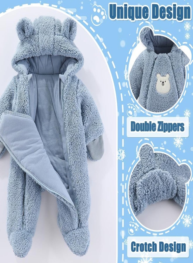 Fairy Baby Newborn Baby Winter Snowsuit Double Zipper Hooded One-Piece Bear Romper Fleece Jumpsuit Girl Boy Navy 0-3M - Image 4