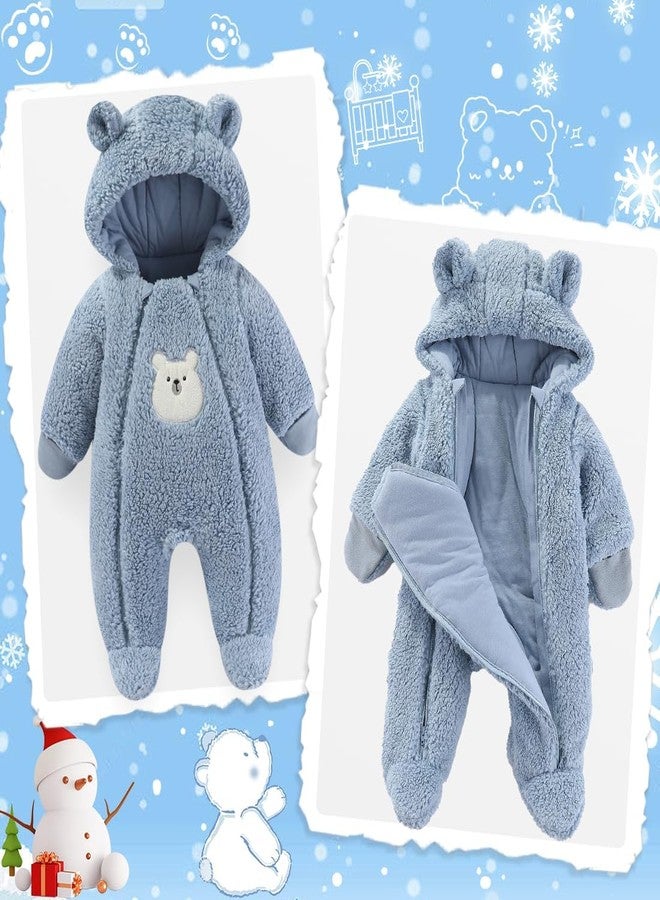 Fairy Baby Newborn Baby Winter Snowsuit Double Zipper Hooded One-Piece Bear Romper Fleece Jumpsuit Girl Boy Navy 0-3M - Image 2