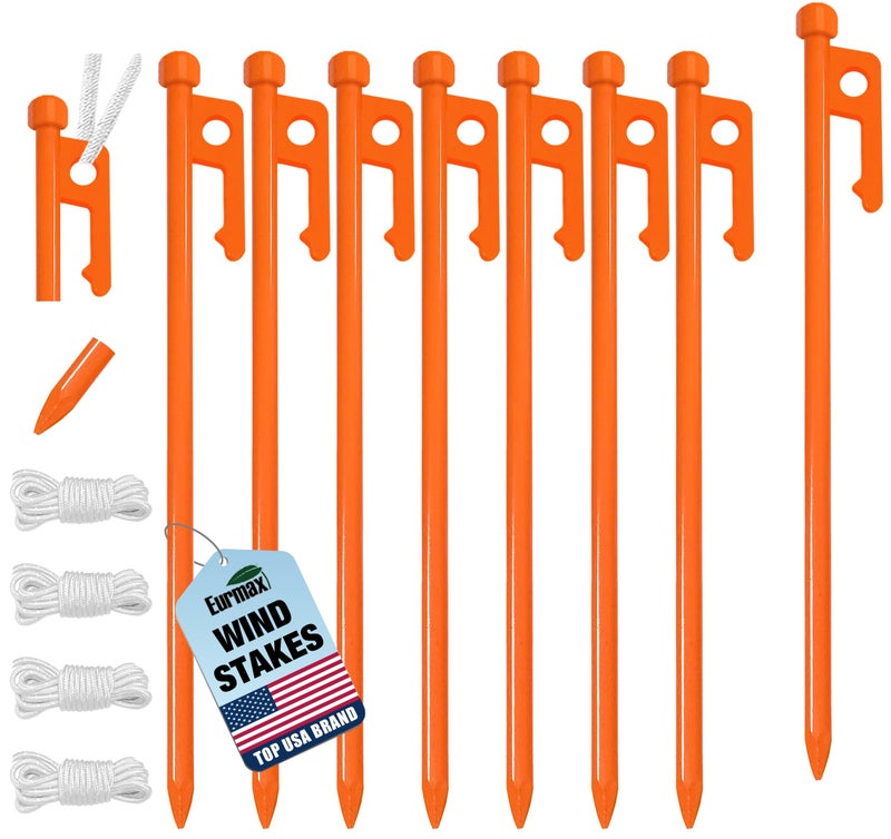 Eurmax Usa 10 Inch Multiuse Heavy Duty Steel Tent Stakes Tarp Pegs Camping Stakes For Outdoor Camping Canopy And Tarp With 4 Ropes 10Ft Length,8Pcs(Orange) - Image 1