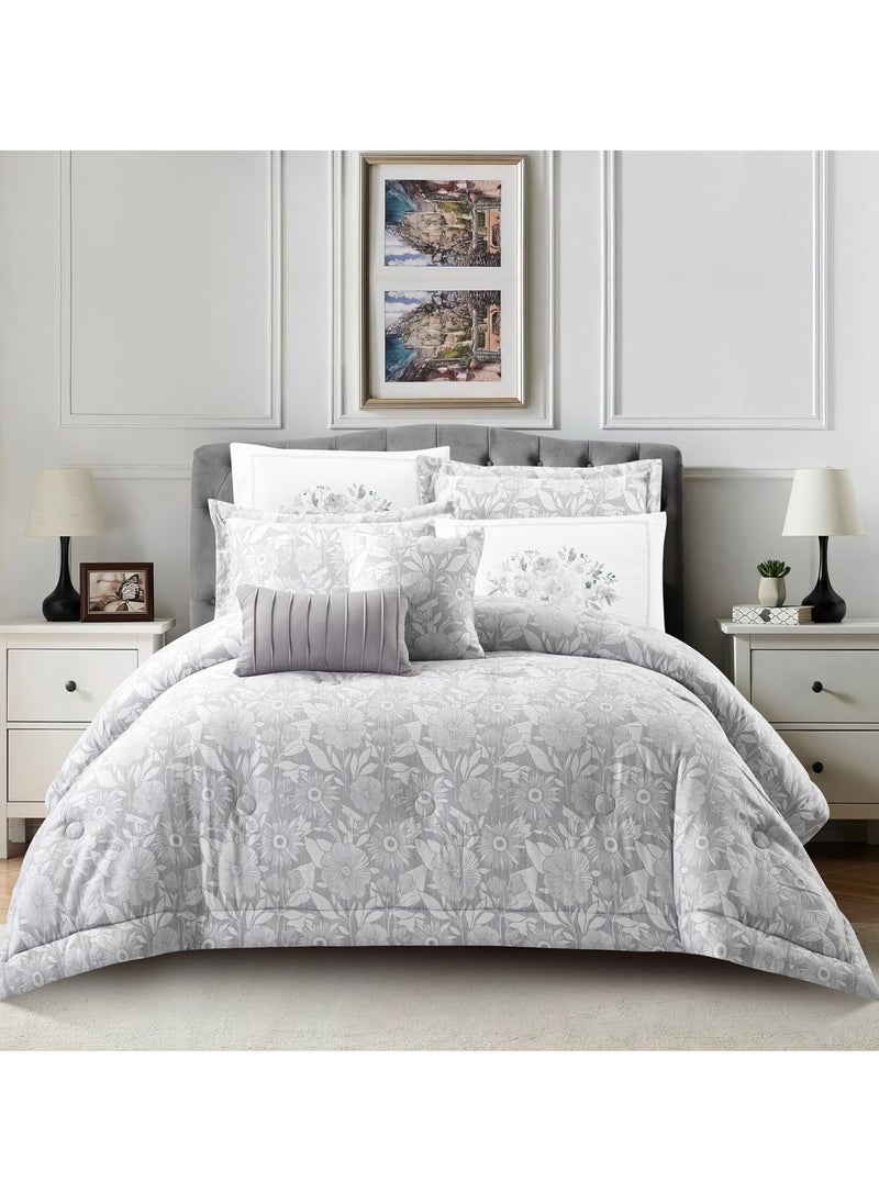 Donetella Bedding Comforter Set 8-Pcs King Size Solid Yarn Dyed Bed Set Fits (200 x 200 Cm)All Season 350GSM Feather Silk Fill,Silver  - Image 1