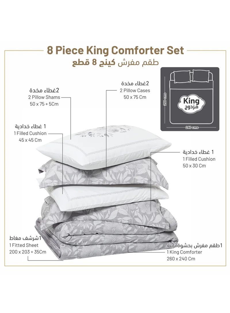 Donetella Bedding Comforter Set 8-Pcs King Size Solid Yarn Dyed Bed Set Fits (200 x 200 Cm)All Season 350GSM Feather Silk Fill,Silver