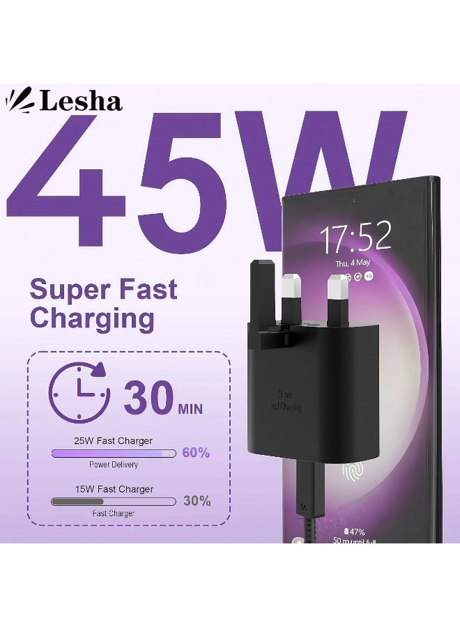 Lesha 45 Watts Fast Charger for iPhone 16/15/14/14 Pro/14 Pro Max/14 Plus/13/12/SE2020/11/XR/XS Max/X/iPad, Samsung Galaxy And all Type C Phones Charger Head with Charging Cable, Travel Adapter, Super-Fast Charging, UK Plug with 1.5 Meters USB Type-C Cable(Black) - Image 2