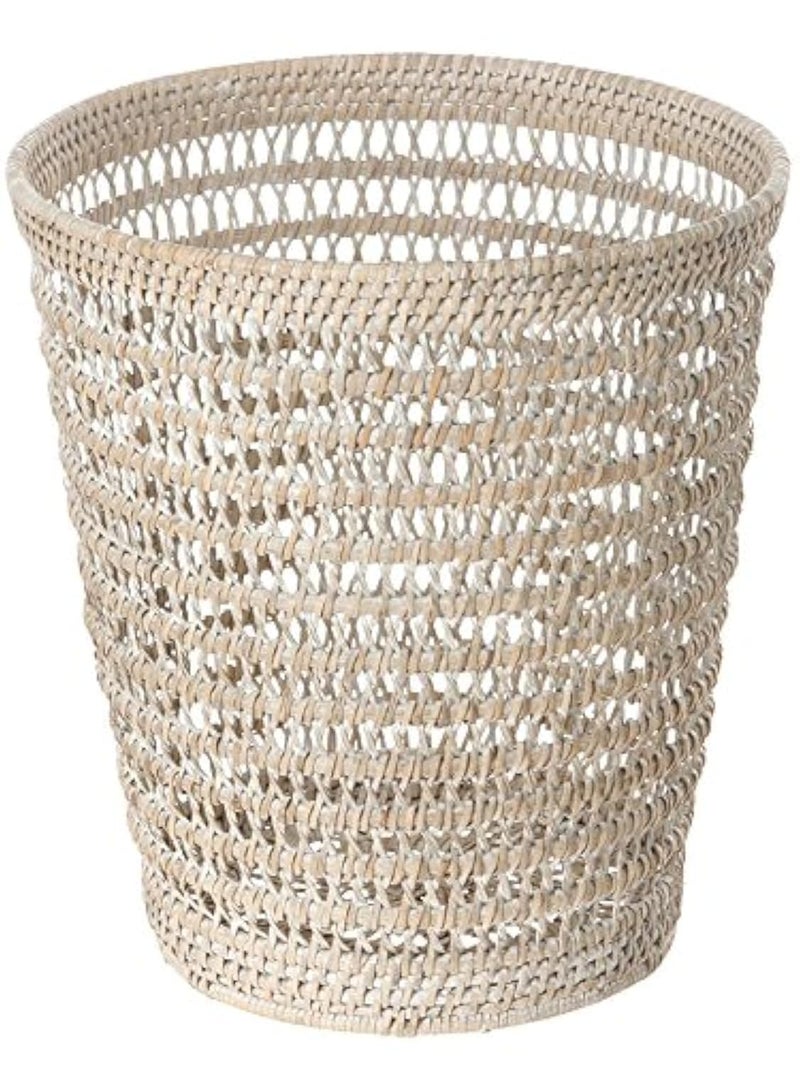 Kouboo La Jolla Rattan Mesh Waste Basket â€“ Round Trash Can for Bathroom, Bedroom, Office â€“ Boho Wicker, Bathroom Storage, Small Garbage Bin for Home Decor & Storage Basket, White Wash - Image 1