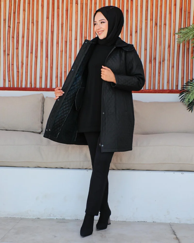 كي ام كي كومبين KMK Combination Kmkkombin Mother Women's Large Size Thin Diamond Patterned Zippered Snap-Front Polar Fleece Quilted Coat