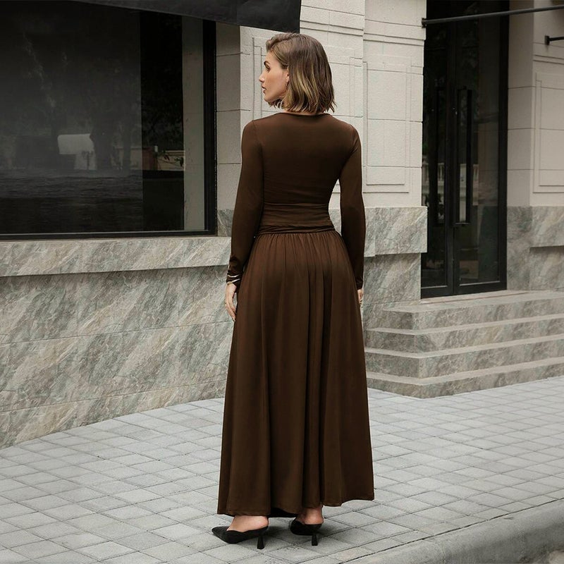 Dark Brown One-Shoulder Ruched Waist Maxi Dress - Image 2