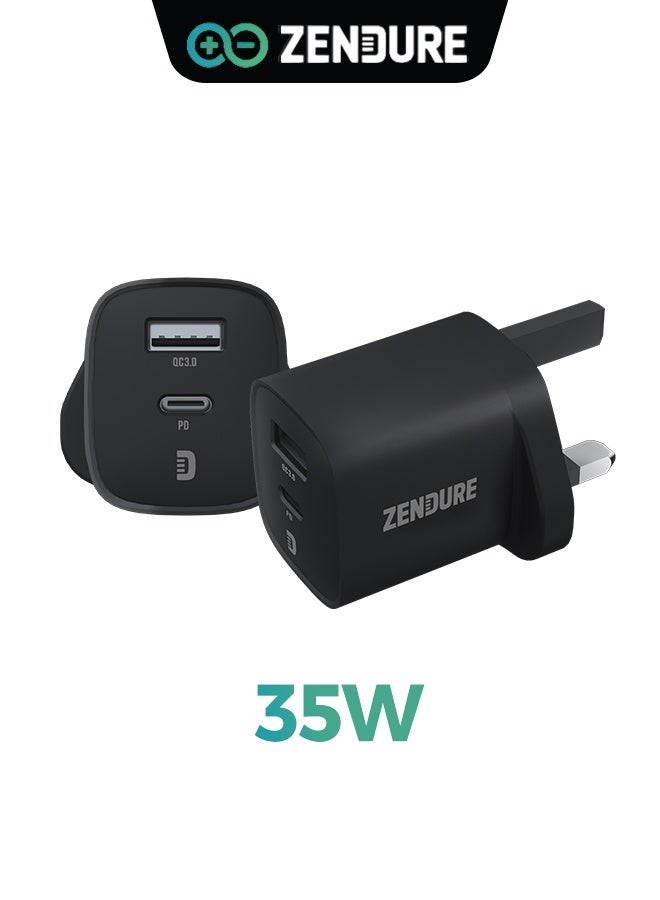 ZENDURE 35W Wall Charger SuperPort with UK Plug | Super Compact Dual Port Wall Charger (USB-C PD + USB-A QC3.0) | Ultra-Fast 35W Charging for iPhone 17/16 /15/14 Series, Samsung Galaxy S23/S22/S21 Series, iPad Pro, AirPods, Huawei and More | Travel-Friendly Black - Image 1