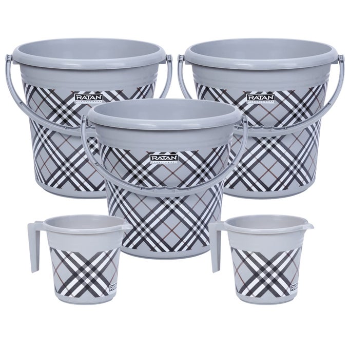 RATAN PLASTICS FROSTY CHECKS PRINT PACK OF 5 BATHROOM SET 18L BUCKET X 3 1L MUG X 2 GREY