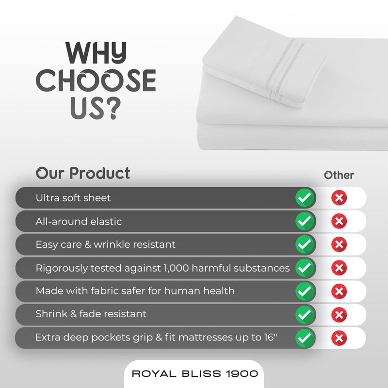 Royal Bliss 1900 Split California King Sheets Sets -5Pcs Set- Easy Fit - California King Split Sheet Sets for Adjustable Bed - Split Cal King Sheets Set - Cal King Split Adjustable Bed Sheets (White)