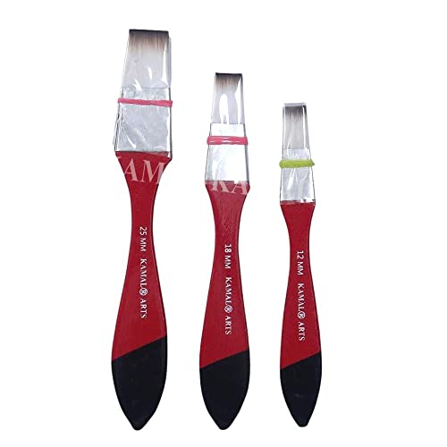 KAMAL Flat WASH (CHAPTA) White/Brown Synthetic Hair Painting Brushes taklon Set of 3 (12mm, 18mm, 25mm) - Image 1