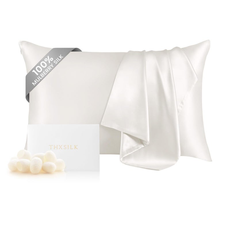 THXSILK 100% Silk Pillowcase for Hair and Skin, Both Sides Grade 6A+ Mulberry Silk Pillow Case with Hidden Zipper, Soft Smooth White Pillowcase(1pc, Queen Size 20"x30") - Image 1