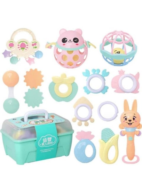 A box containing 13 pieces of silicone rattles and teethers in cheerful shapes and colors that help develop your child's skills.