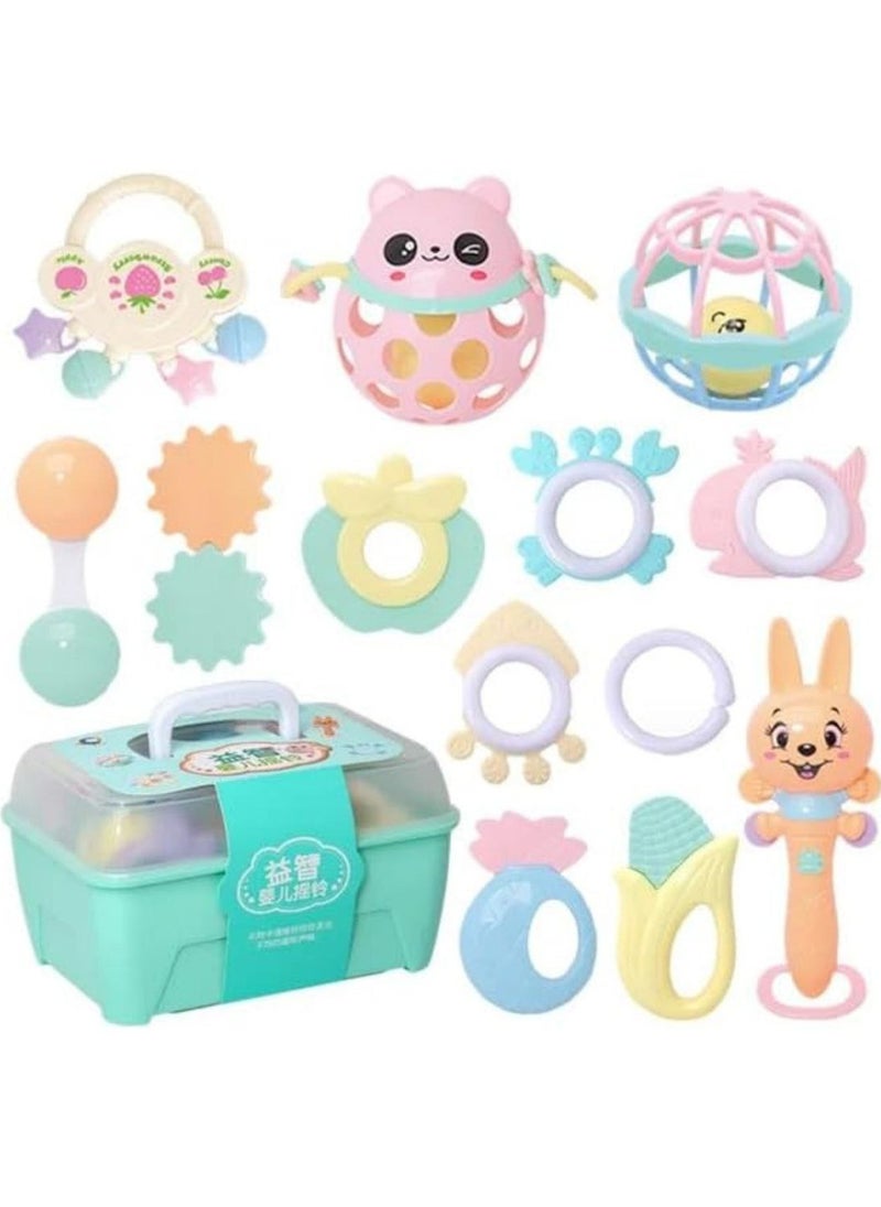 null - A box containing 13 pieces of silicone rattles and teethers in cheerful shapes and colors that help develop your child's skills. - Image 1