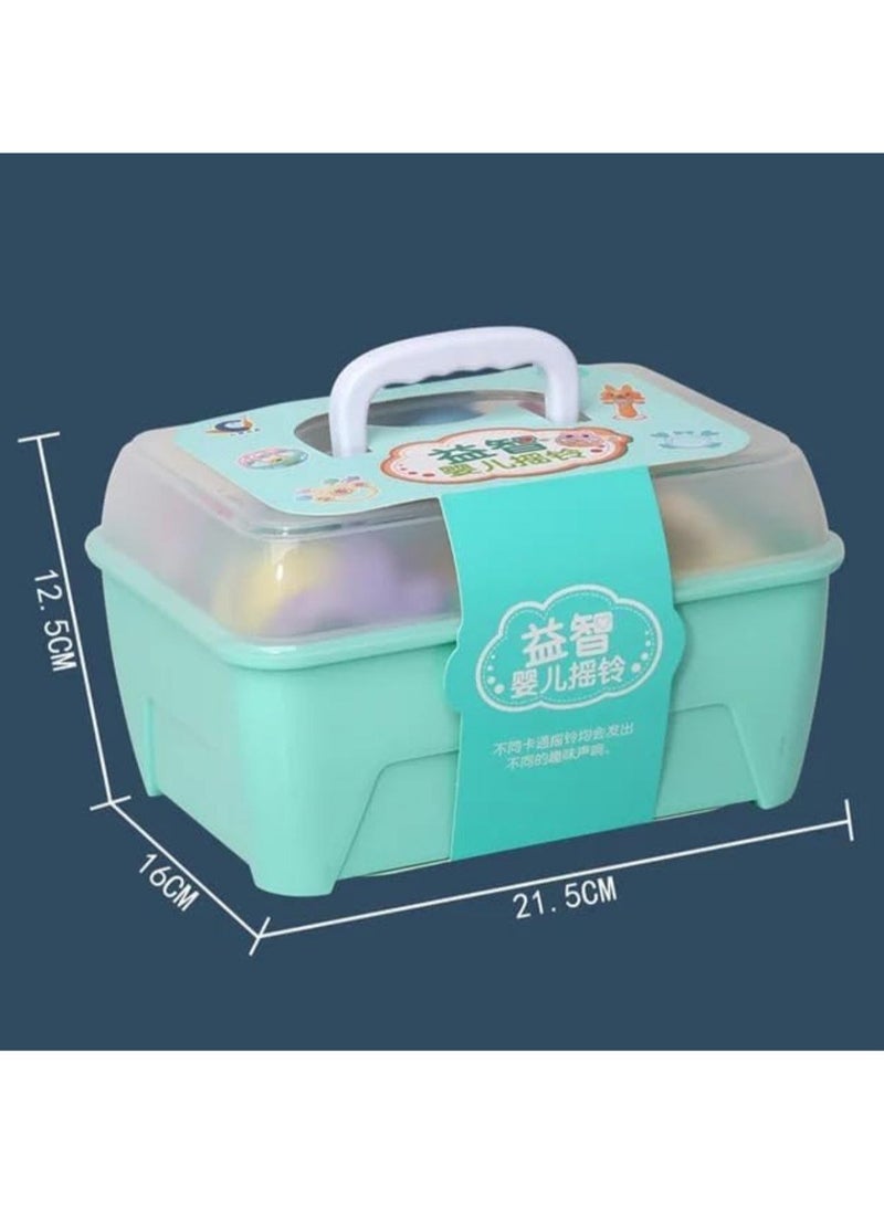 null - A box containing 13 pieces of silicone rattles and teethers in cheerful shapes and colors that help develop your child's skills. - Image 1