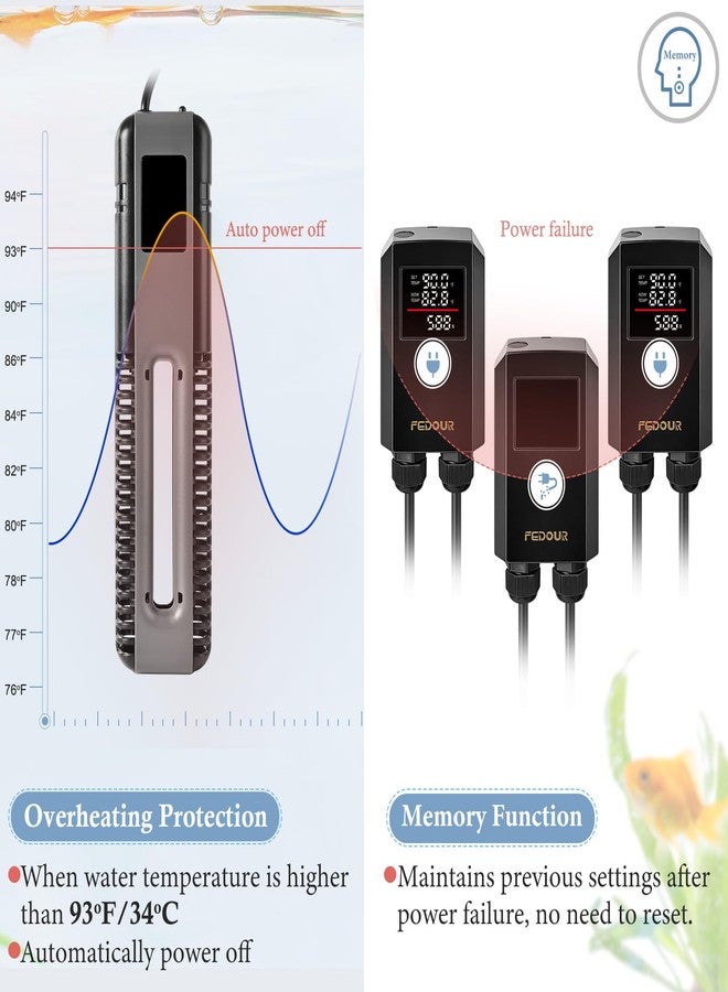 FEDOUR 600W 800W Titanium Aquarium Heater with Digital Controller, Submersible Aquarium Heater with Overheating Protection, for up to 220Gallon Fish and Turtle Tank (600W for up to 160Gal) - Image 5