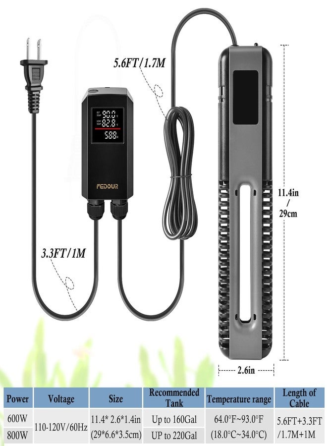 FEDOUR 600W 800W Titanium Aquarium Heater with Digital Controller, Submersible Aquarium Heater with Overheating Protection, for up to 220Gallon Fish and Turtle Tank (600W for up to 160Gal) - Image 2