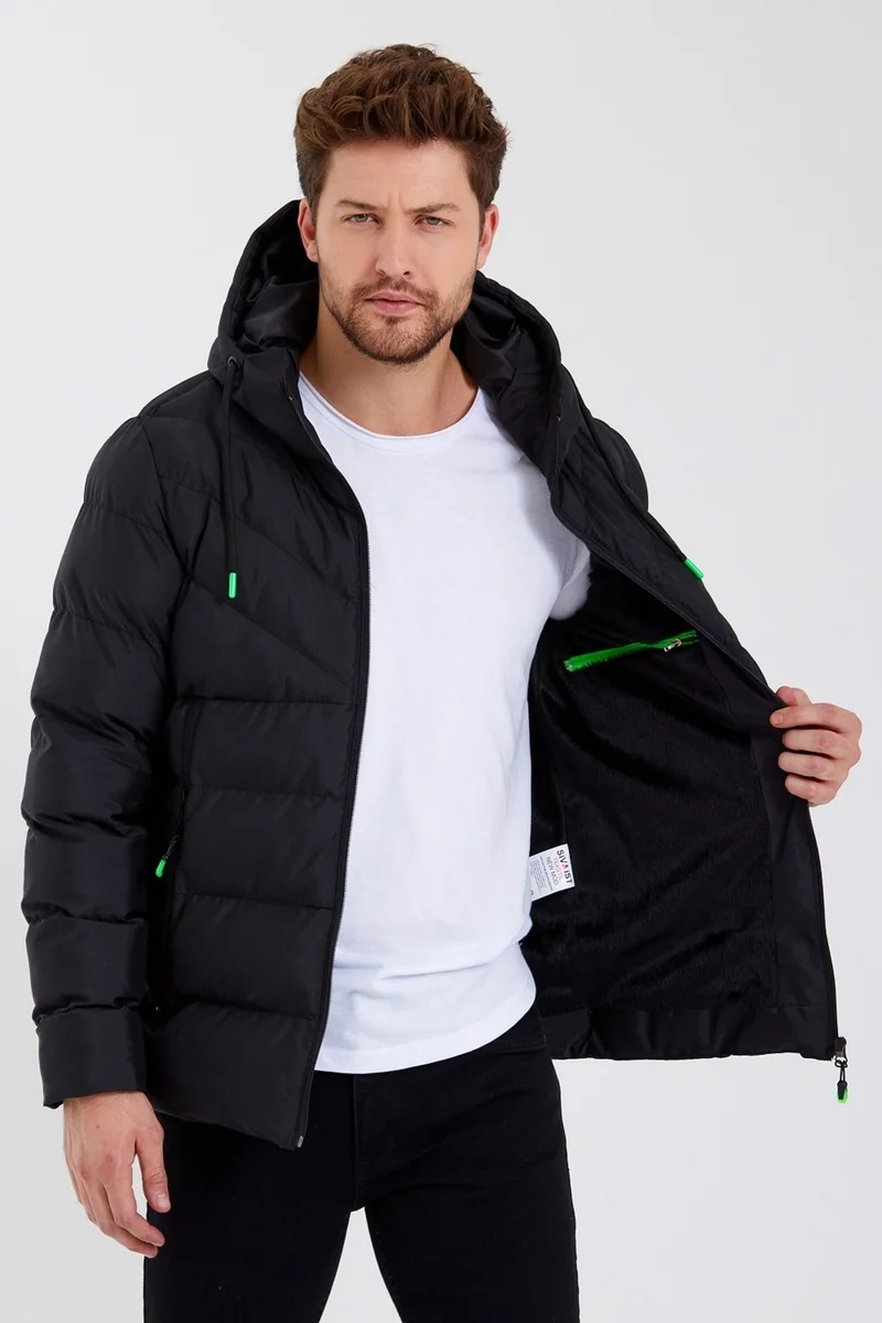 Sivaist New Season Men's Black Water and Windproof Hooded Thick Furry Puffer Coat & Jacket