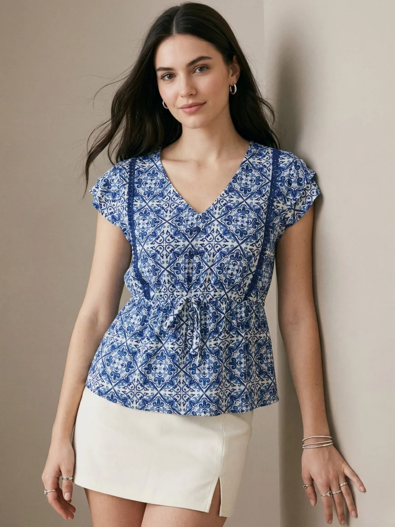 أوجيدر Blue Floral Print Top