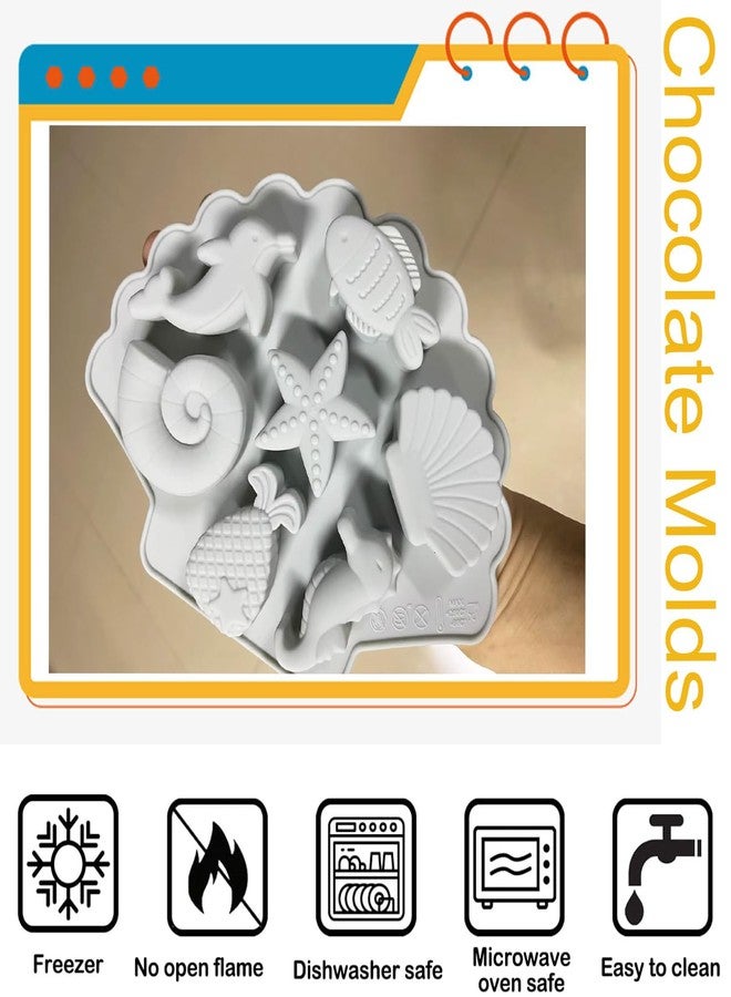 YIMINGMOLD قوالب سيليكون للشوكولاتة من YIMINGMOLD، قطعتان، بتصميم بحري: دولفين، سمكة، محارة، نجم البحر، صدفة بحرية، فرس البحر، ذيل حورية البحر. قالب مثالي لصنع حلوى الشوكولاتة. - Image 3