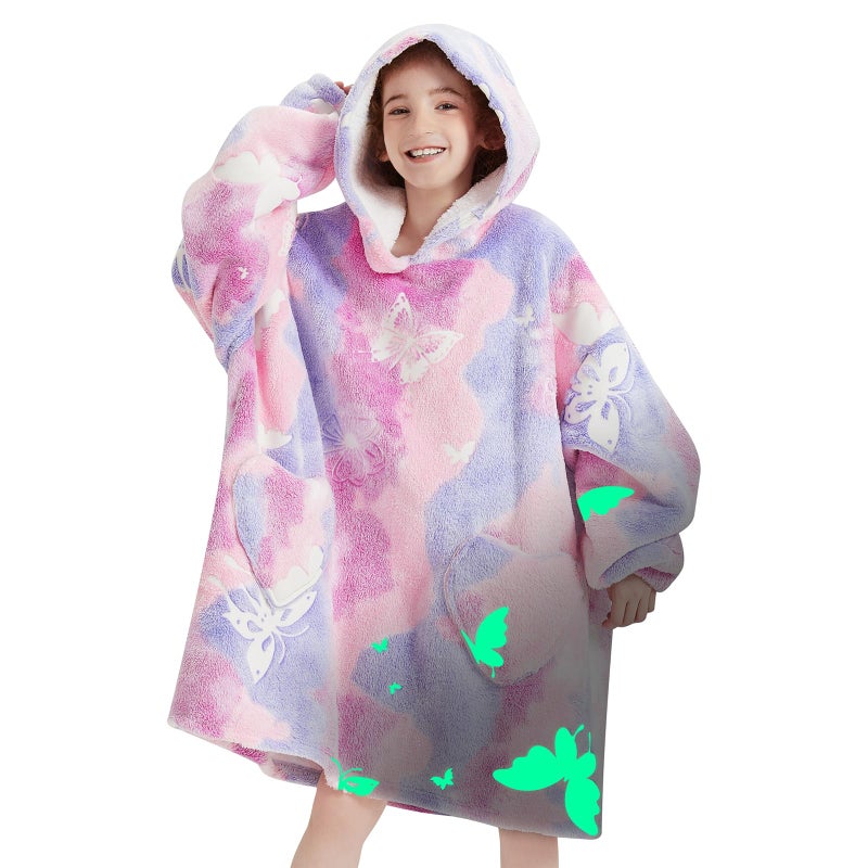 Fiosnow Glow in the Dark Butterfly Blanket Hoodies for Kids 6-13YR Oversize Wearable Blanket Hoodies for Boys Girls Teens - Image 1