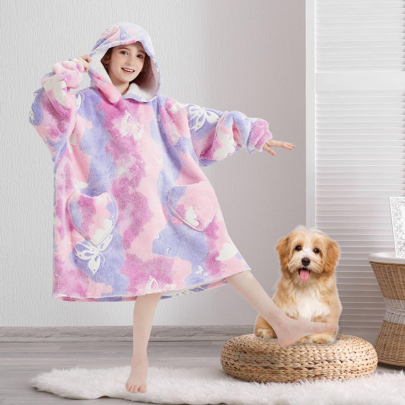Fiosnow Glow in the Dark Butterfly Blanket Hoodies for Kids 6-13YR Oversize Wearable Blanket Hoodies for Boys Girls Teens - Image 3