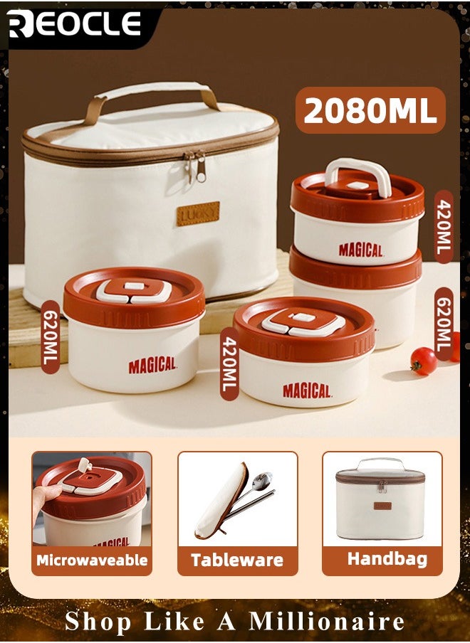 REOCLE Bento Box Adult Lunch Box Set 4 Pack Portable Insulated Lunch Containers with Thermal Bag and Free Cutlery Stackable Stainless Steel Leakproof Food Containers Adults & Teens & Kids  - Image 1
